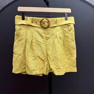 American Eagle Belted Mustard Linen Blend Shorts